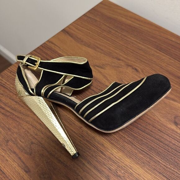Christie Morris Black Suede & Gold Reptile Stiletto Ankle Strap Shoes. Size 38. - Picture 6 of 11
